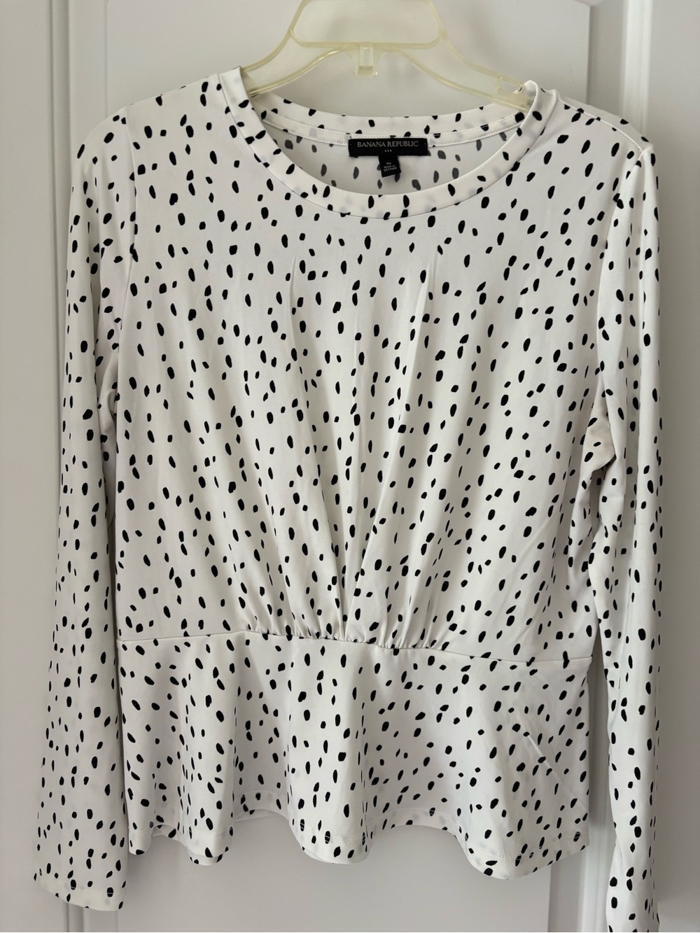Banana Republic White Long Sleeve Peplum Top with Black Spot Print